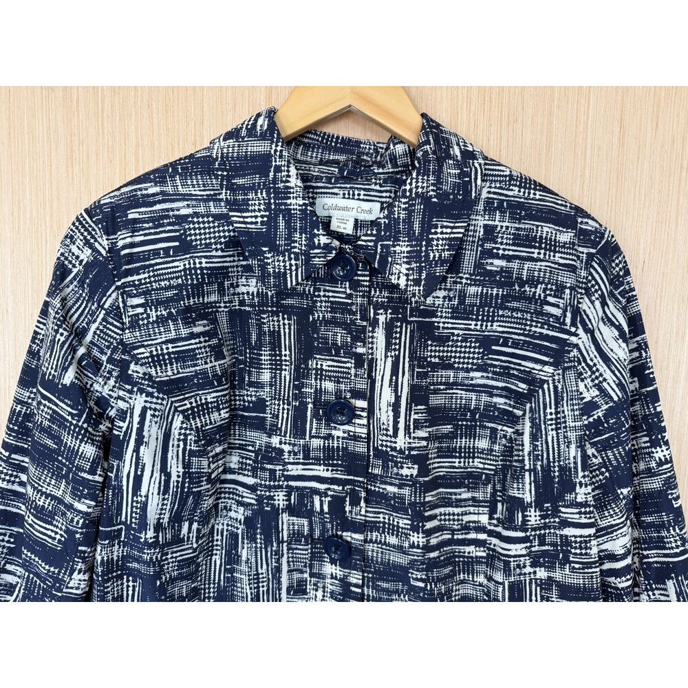 Coldwater Creek Abstract Print Rain Trench Jacket Womens Size XL 16 Navy Pockets - Picture 3 of 12